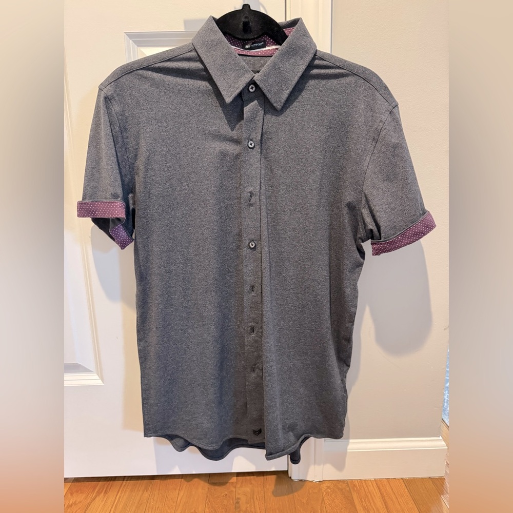 Men's Short-Sleeve Button-Up Shirt - Gray with Purple Trim